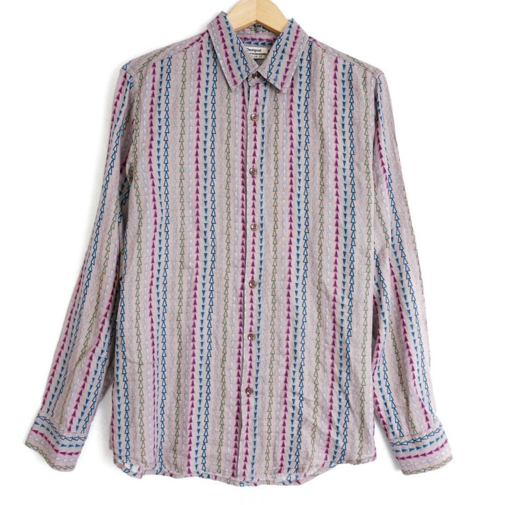 Desigual Mens Shirt Button Up Long Sleeve Beige Gray Green Geometric Linen Large